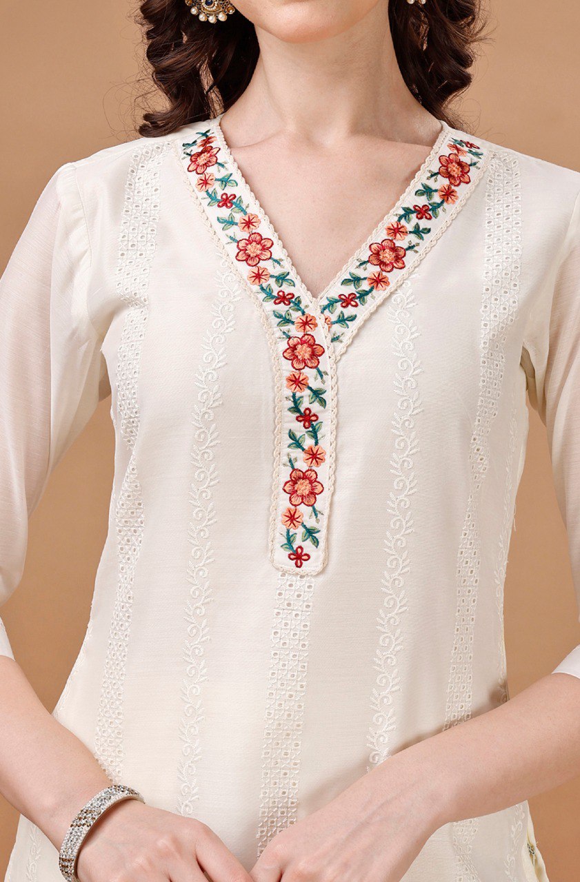 Prazu Fashion Off White Chanderi Silk Embroidered Kurta Set | Grocsy