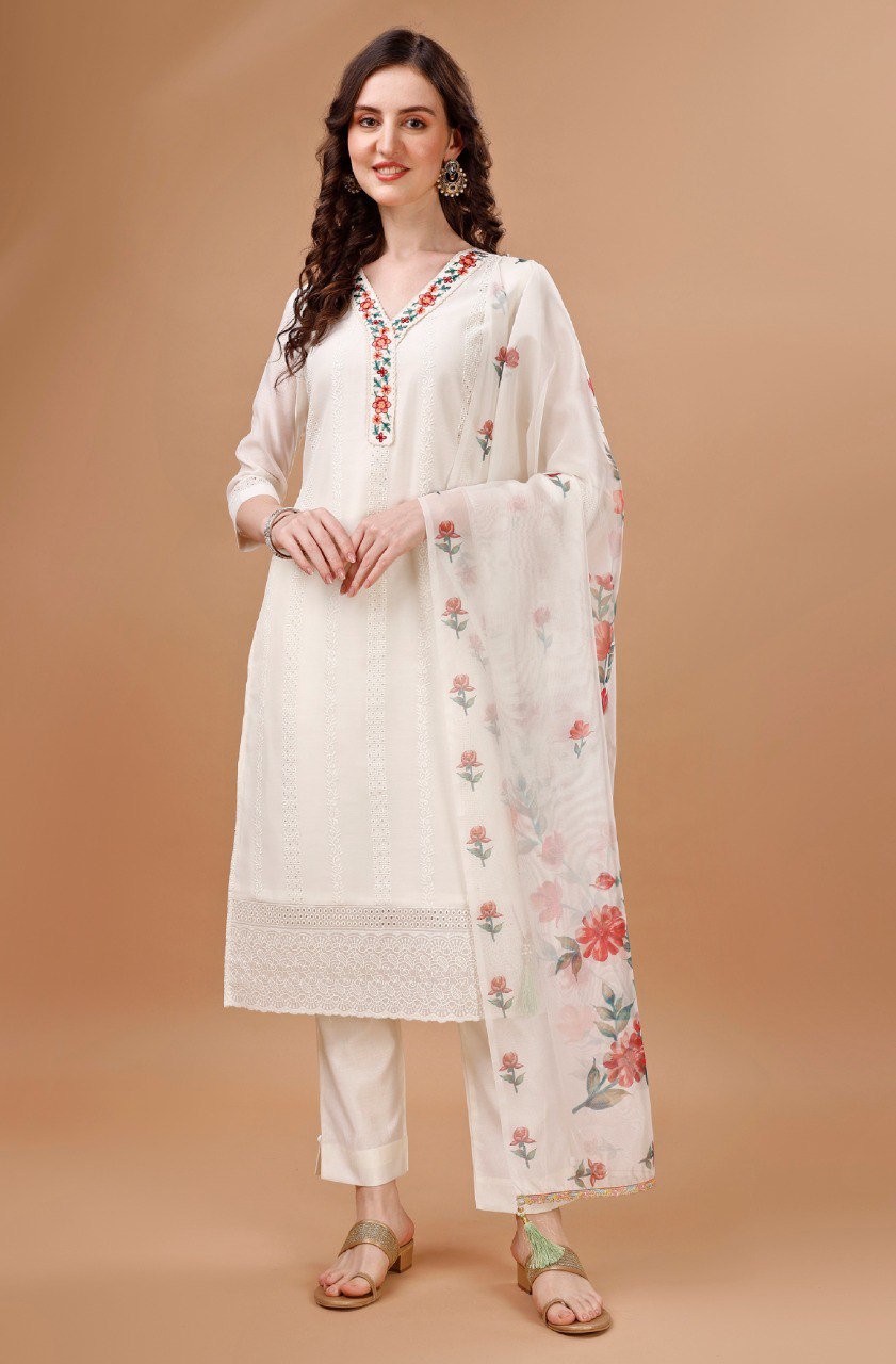 Prazu Fashion Off White Chanderi Silk Embroidered Kurta Set | Grocsy