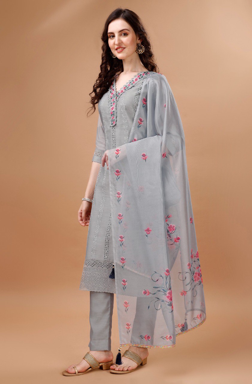 Prazu Fashion Light Grey Chanderi Silk Chikankari Kurta Set | Grocsy