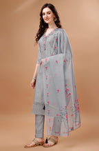 Prazu Fashion Light Grey Chanderi Silk Chikankari Kurta Set | Grocsy