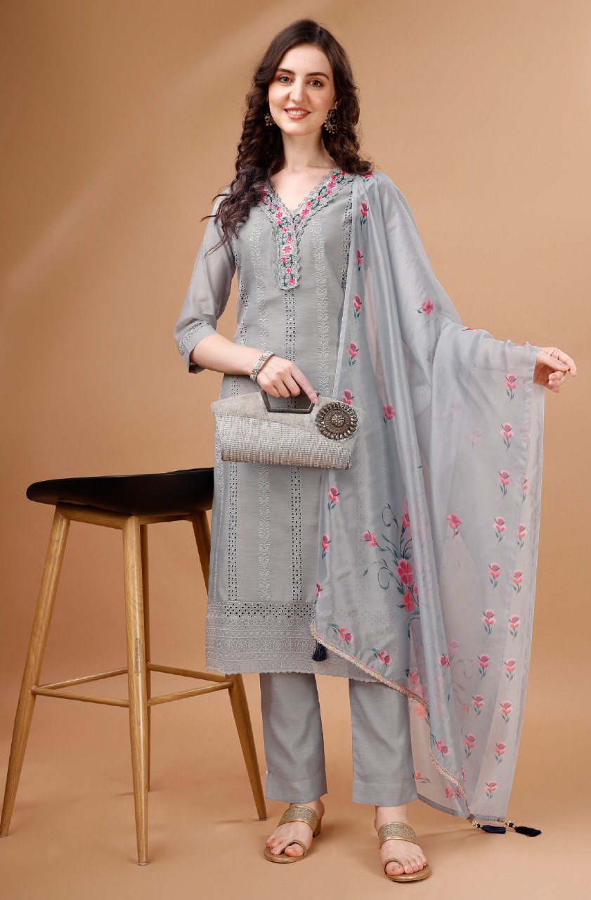 Prazu Fashion Light Grey Chanderi Silk Chikankari Kurta Set | Grocsy