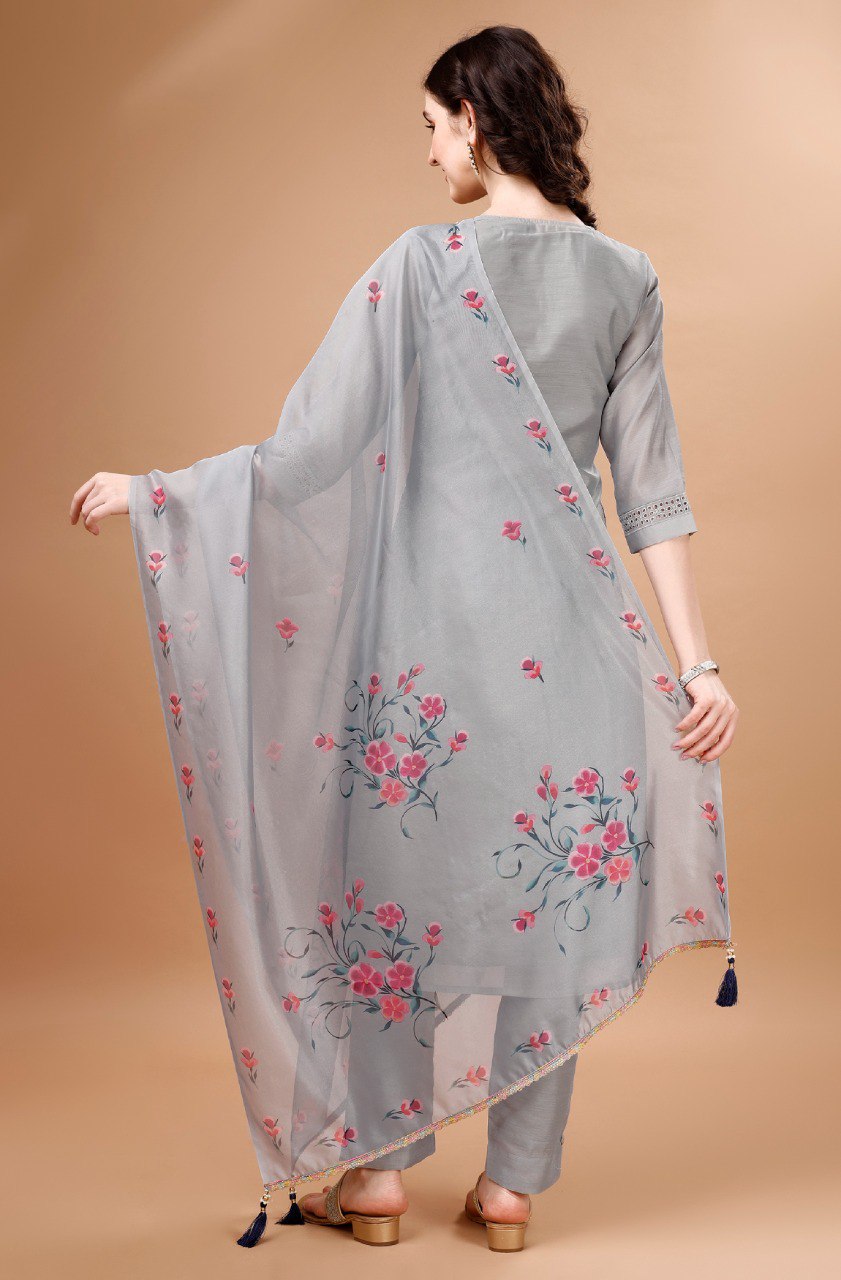 Prazu Fashion Light Grey Chanderi Silk Chikankari Kurta Set | Grocsy