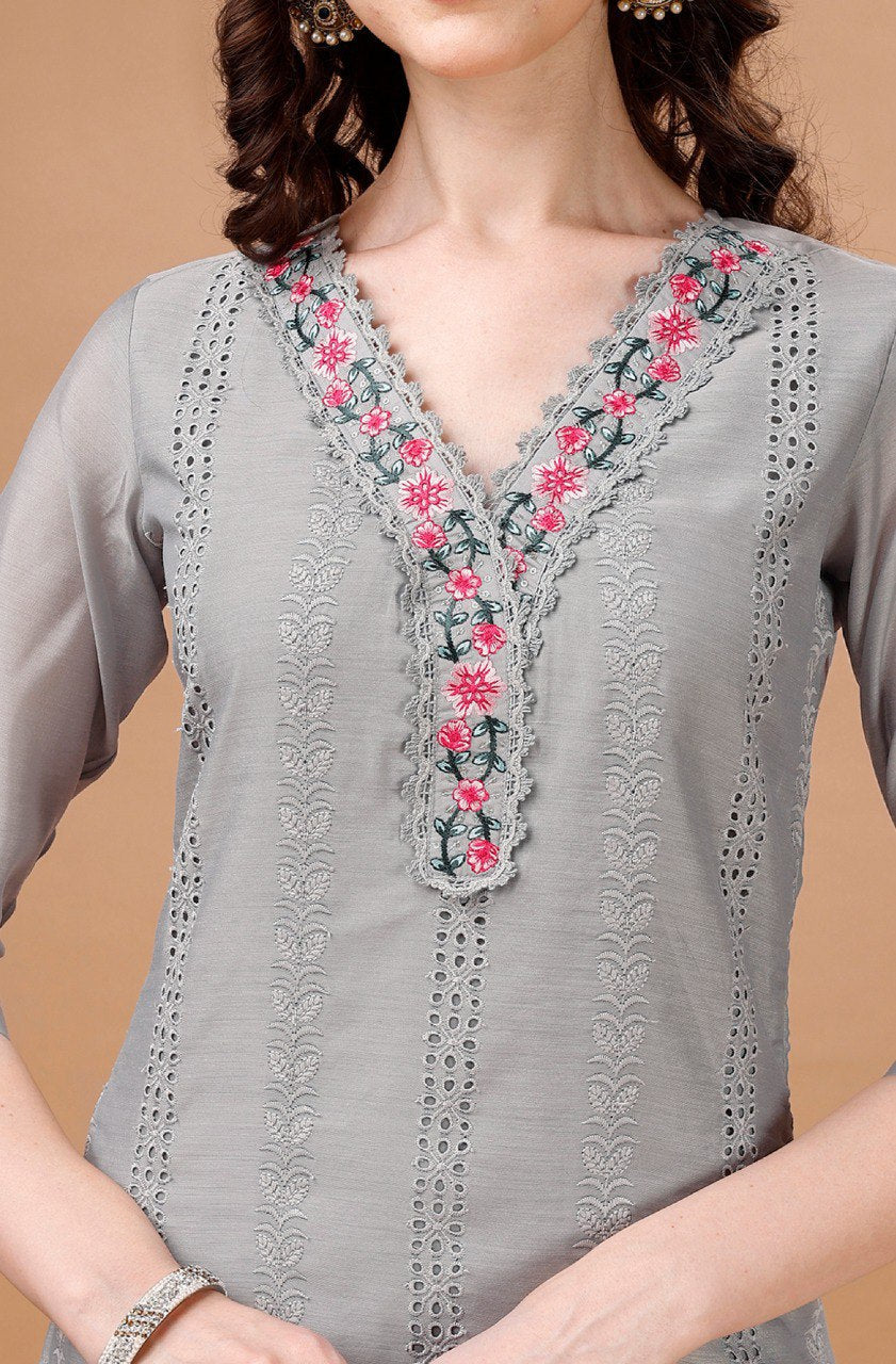 Prazu Fashion Light Grey Chanderi Silk Chikankari Kurta Set | Grocsy