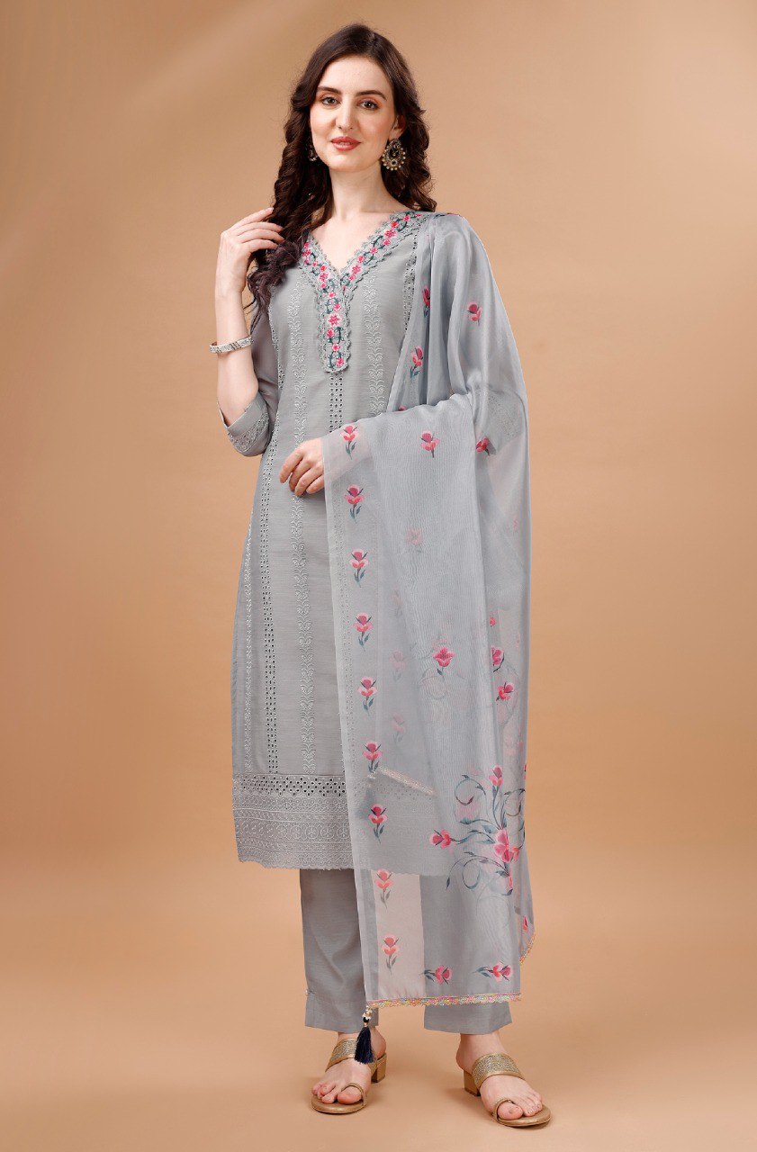 Prazu Fashion Light Grey Chanderi Silk Chikankari Kurta Set | Grocsy