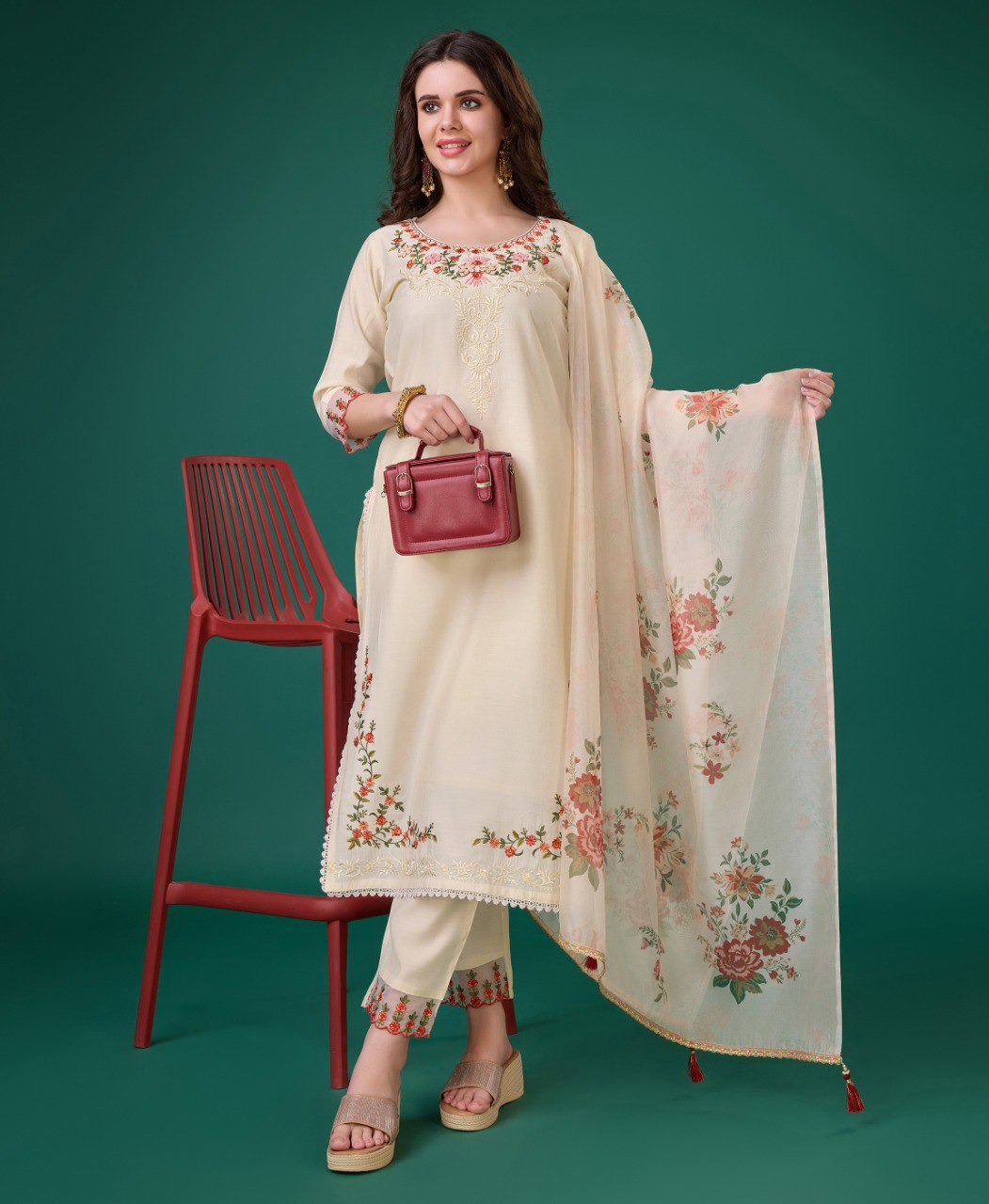 Prazu Fashion Cream Viscose Silk Embroidered Kurta Set | Grocsy