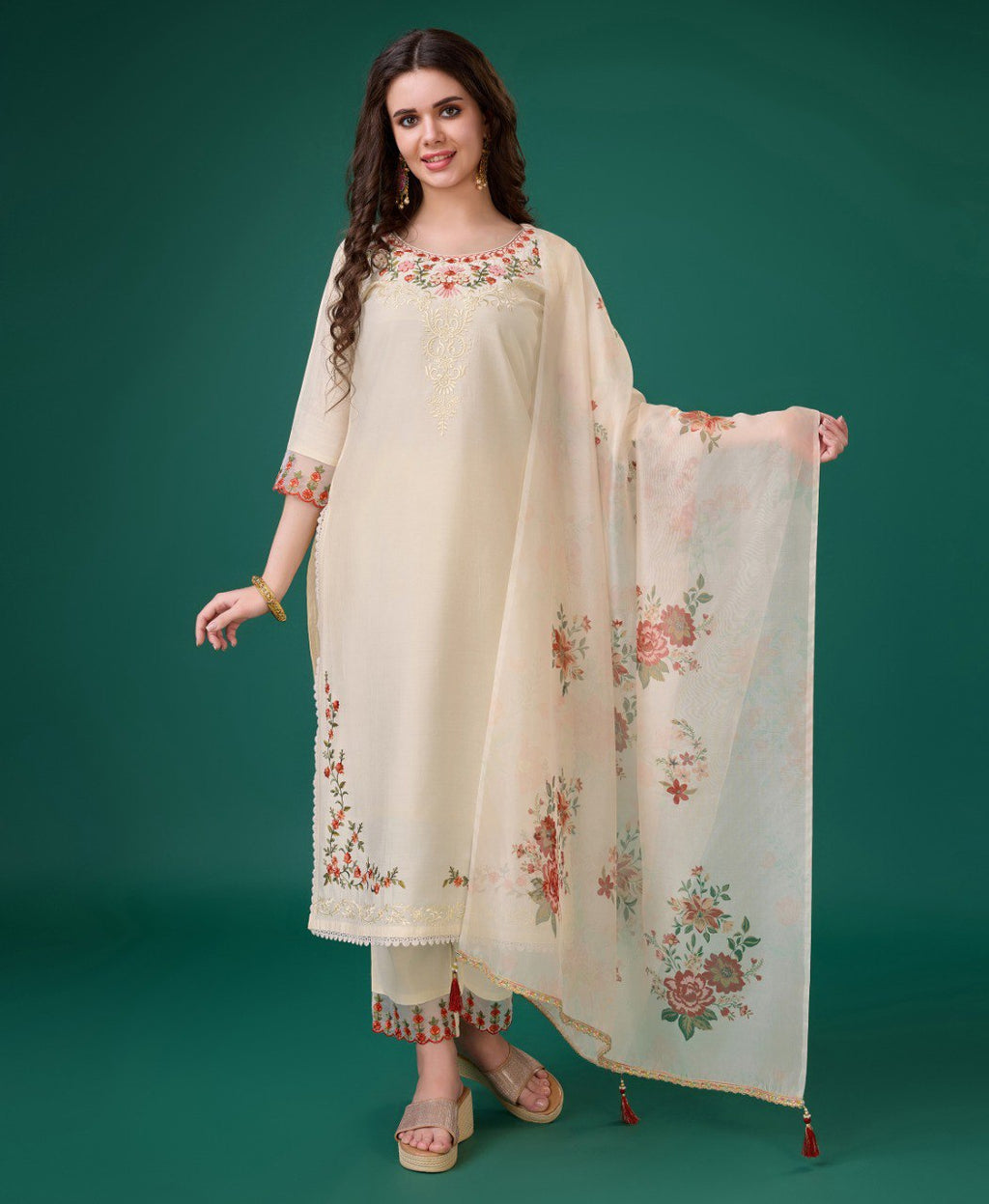 Prazu Fashion Cream Viscose Silk Embroidered Kurta Set | Grocsy