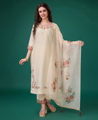 Prazu Fashion Cream Viscose Silk Embroidered Kurta Set | Grocsy
