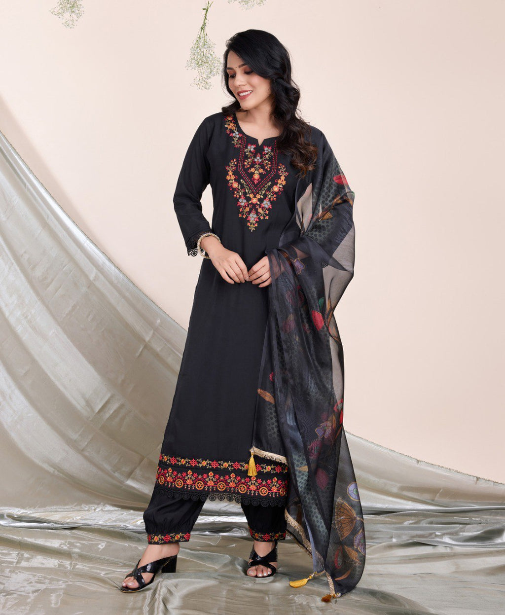 Prazu Fashion Black Embroidered Viscose Silk Kurta Set With Afghani Salwar | Grocsy