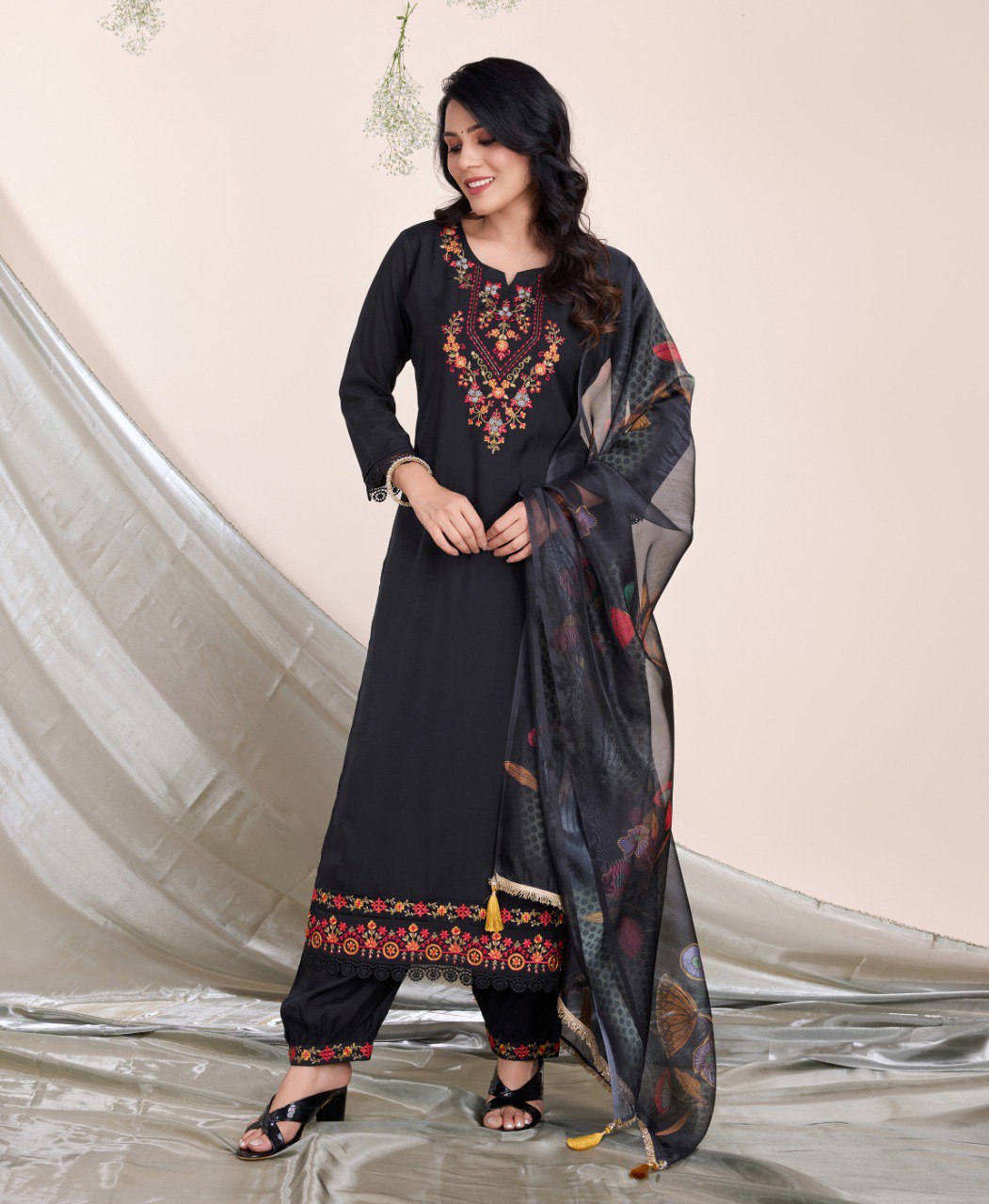 Prazu Fashion Black Embroidered Viscose Silk Kurta Set With Afghani Salwar | Grocsy