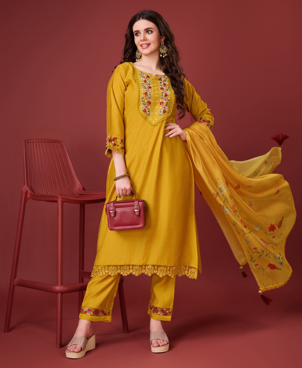 Prazu Fashion Yellow Viscose Silk Embroidered Kurta Set | Grocsy