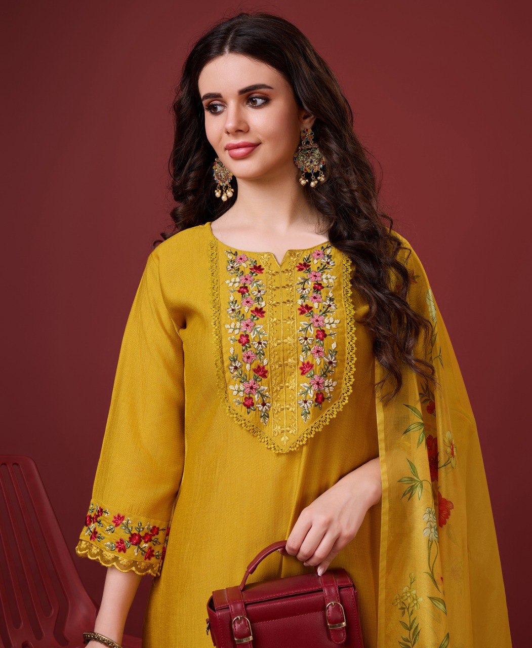 Prazu Fashion Yellow Viscose Silk Embroidered Kurta Set | Grocsy