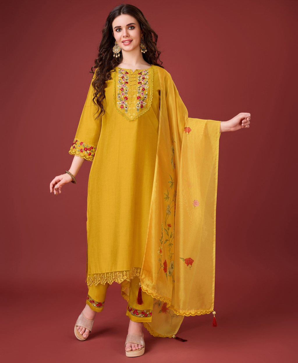 Prazu Fashion Yellow Viscose Silk Embroidered Kurta Set | Grocsy