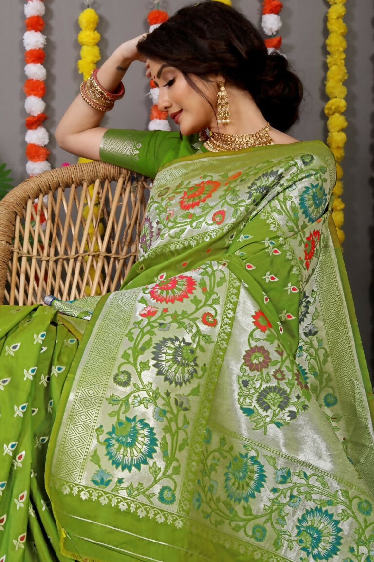 Jyoti Fashion Women's Green Banarasi Silk Zari Woven Saree with Blouse | Grocsy
