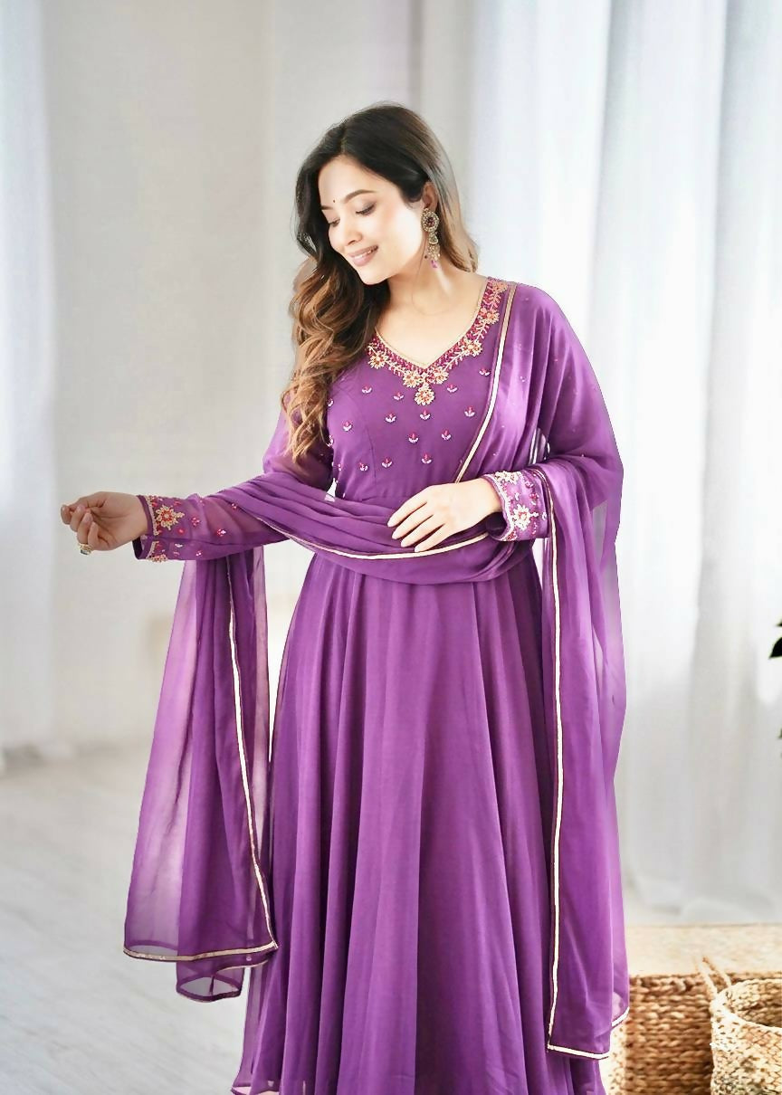 Teeya Creation Womens New Fancy Fox Georgette Heavy Quality Fabric With Handwork Lavender Gown Set | Grocsy