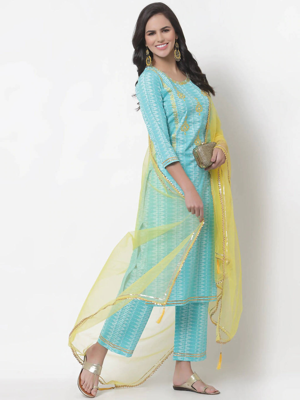 Myshka Women Turquoise Blue Layered Pure Cotton Kurti With Trousers & Dupatta | Grocsy