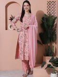 Jyoti Fashion Women's Pink Cotton Floral Digital Printed Kurta with Trouser & Dupatta | Grocsy