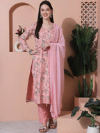 Jyoti Fashion Women's Pink Cotton Floral Digital Printed Kurta with Trouser & Dupatta | Grocsy