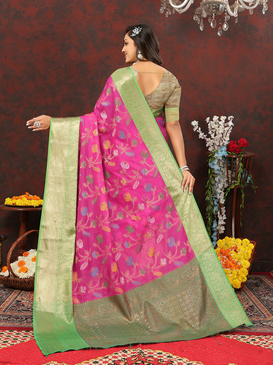 Lorenvalley Fashion Pink Cotton Woven Design Zari Meenakari Weaving Saree | Grocsy