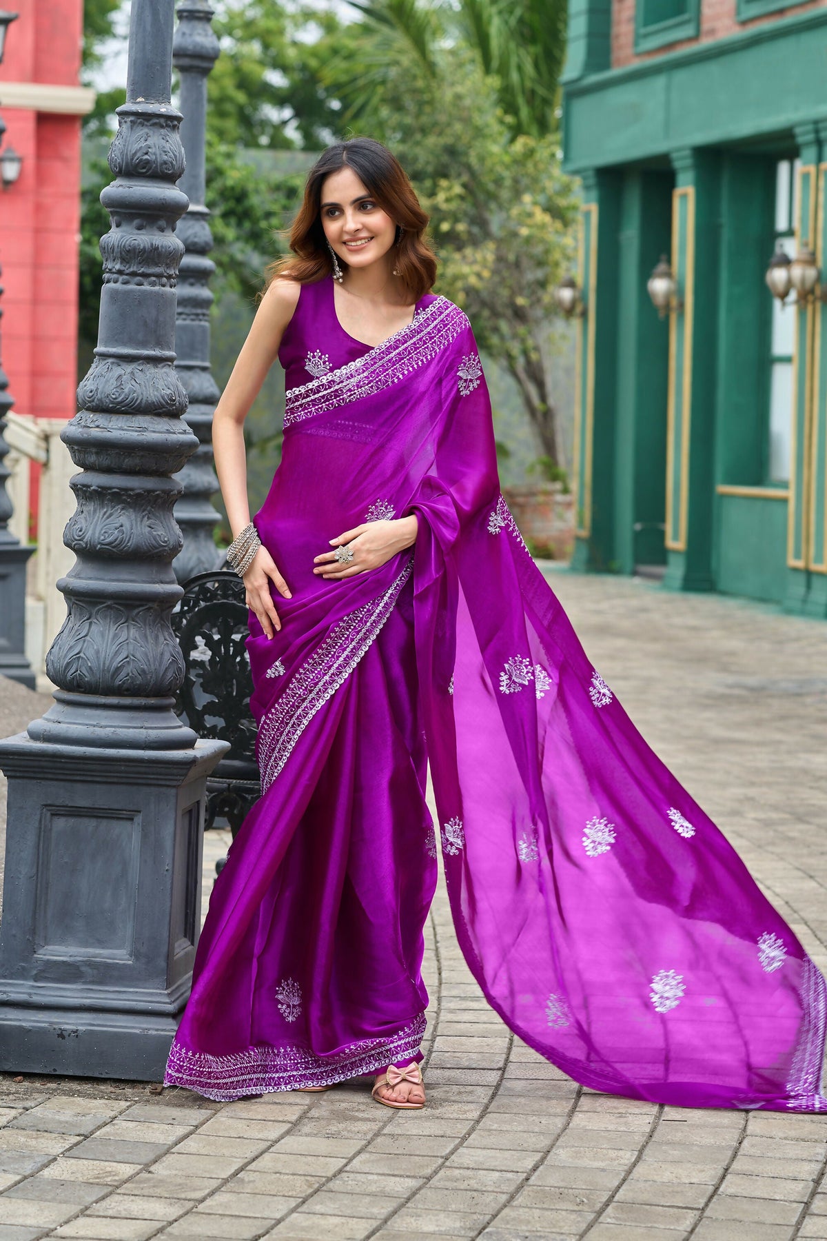 Vastranavya Purple Embroidery Work Shimmer Chiffon Saree with Unstitched Blouse | Grocsy