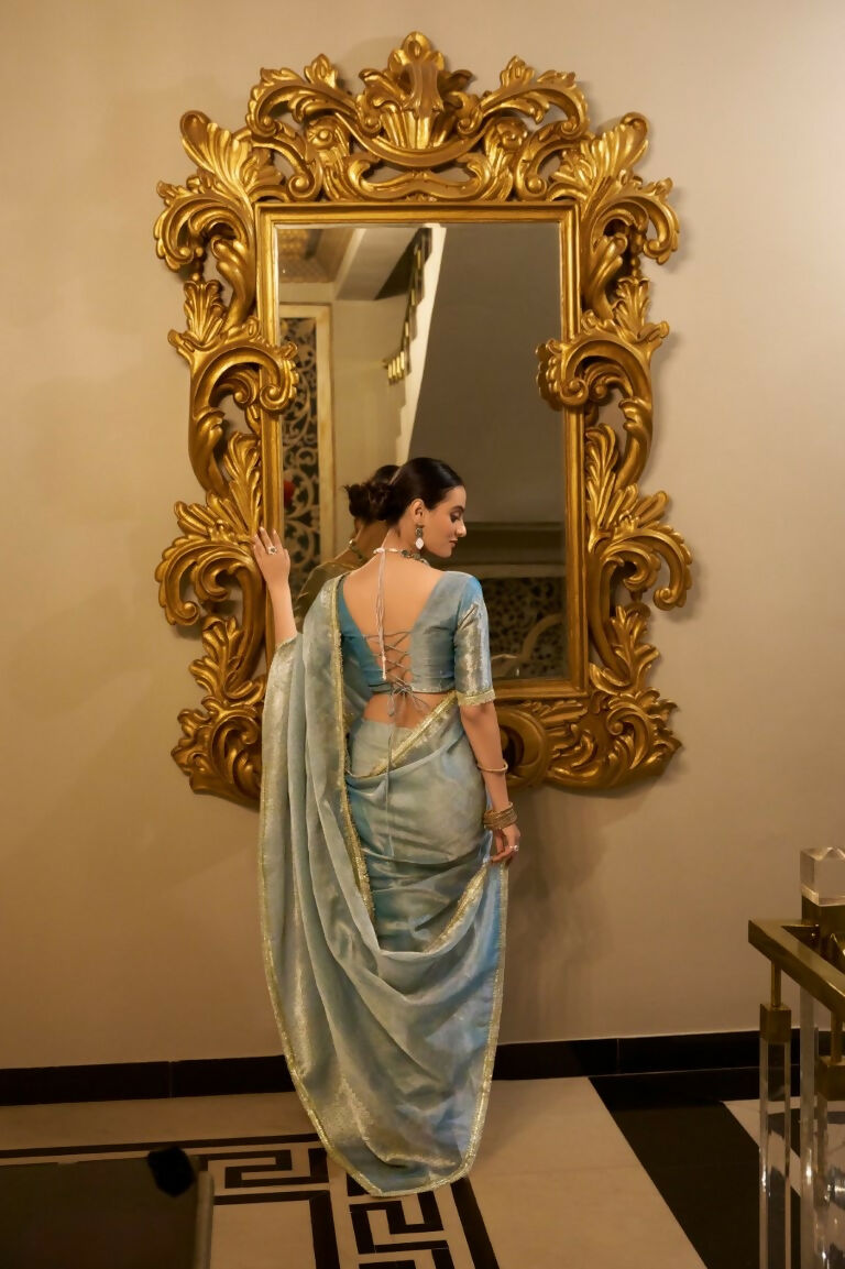 Vastranavya Sea Blue Tissue Shimmer Zari Weaving Work Saree with Unstitched Blouse | Grocsy