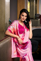 Vastranavya Baby Pink Satin Silk Printed Saree with Hotfix Work Unstitched Blouse | Grocsy