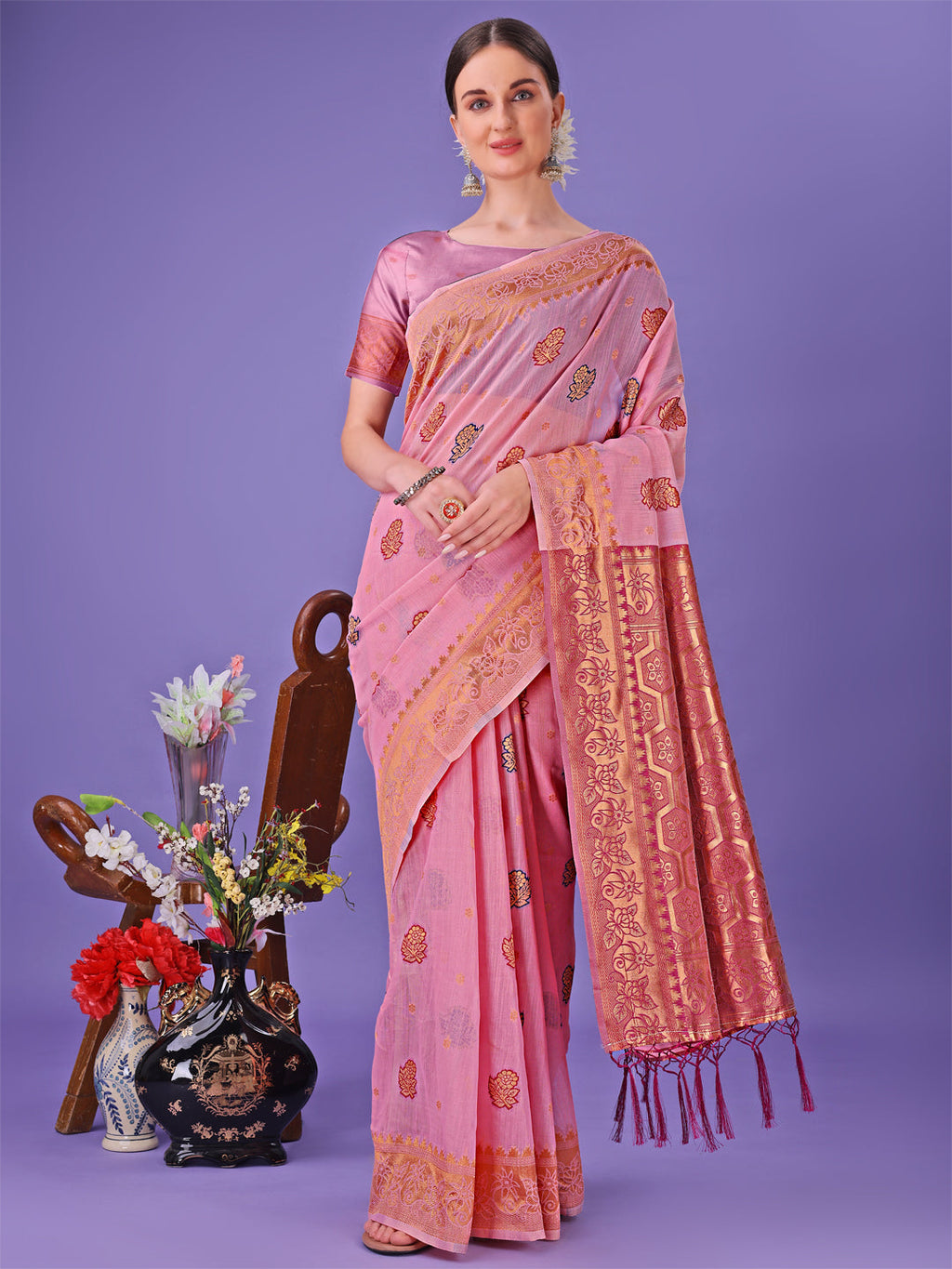 Shree Shyam Fashion Light Pink Woven Zari Traditional Linen Cotton Saree with Rich Pallu & Unstitched Blouse - Festive & Wedding Wear Saree | Grocsy