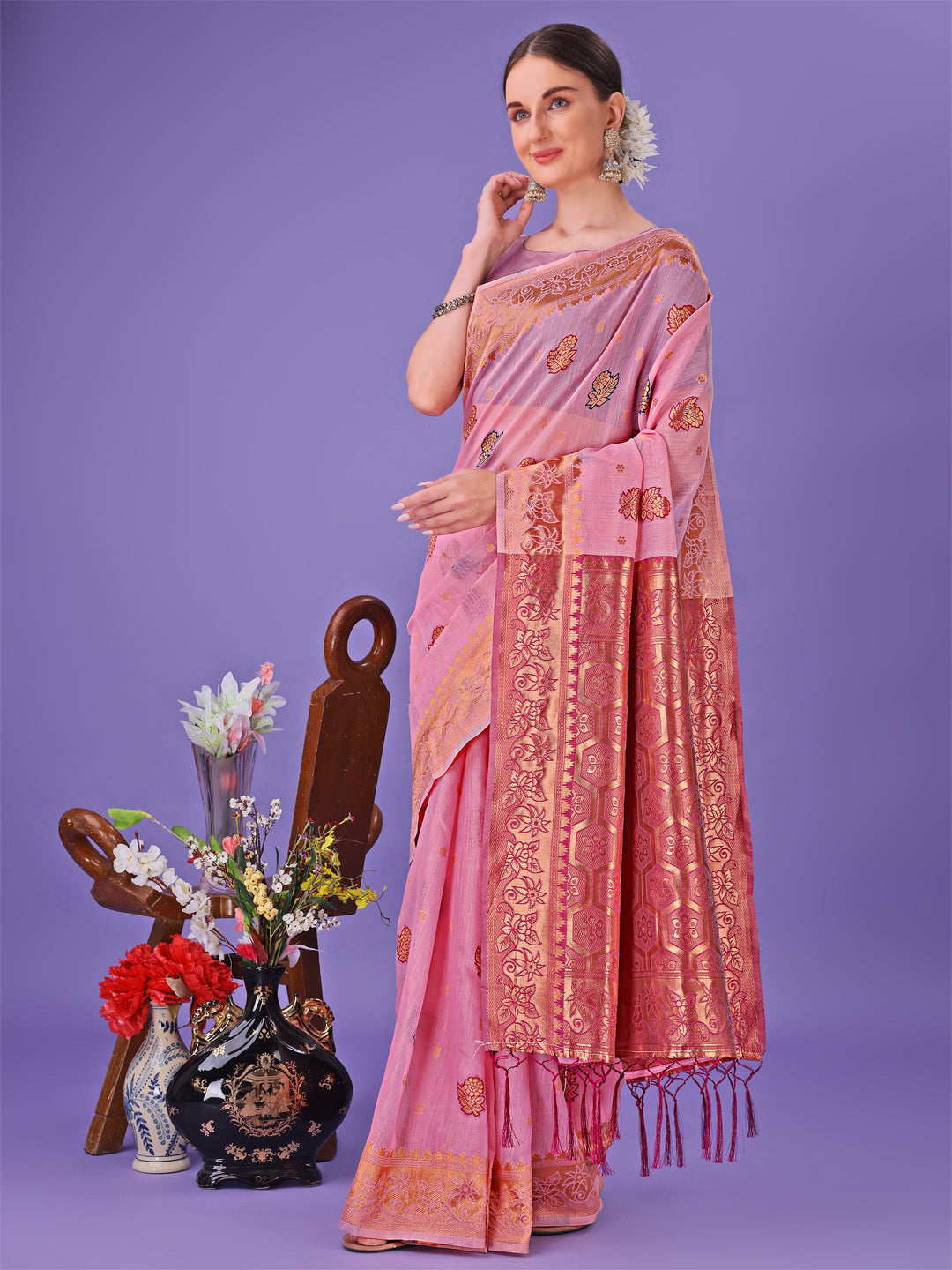 Shree Shyam Fashion Light Pink Woven Zari Traditional Linen Cotton Saree with Rich Pallu & Unstitched Blouse - Festive & Wedding Wear Saree | Grocsy