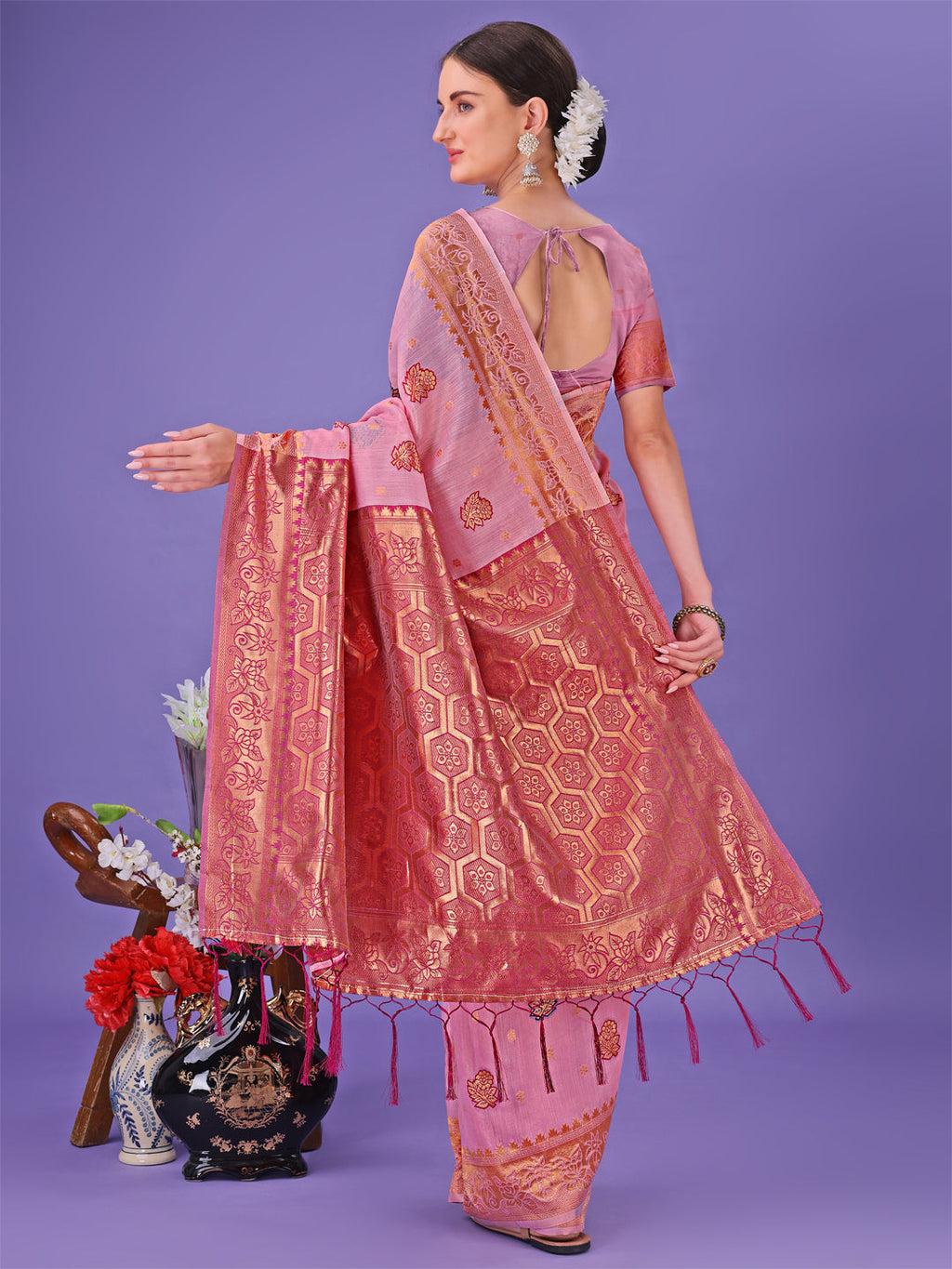 Shree Shyam Fashion Light Pink Woven Zari Traditional Linen Cotton Saree with Rich Pallu & Unstitched Blouse - Festive & Wedding Wear Saree | Grocsy