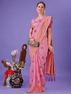 Shree Shyam Fashion Light Pink Woven Zari Traditional Linen Cotton Saree with Rich Pallu & Unstitched Blouse - Festive & Wedding Wear Saree | Grocsy