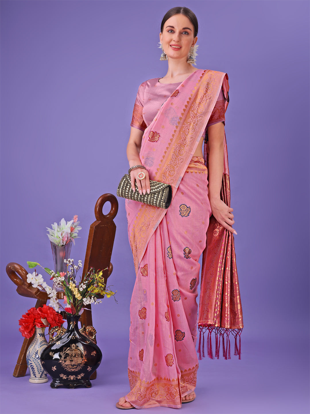 Shree Shyam Fashion Light Pink Woven Zari Traditional Linen Cotton Saree with Rich Pallu & Unstitched Blouse - Festive & Wedding Wear Saree | Grocsy