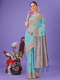 Shree Shyam Fashion Sea Green Woven Zari Traditional Linen Cotton Saree with Rich Pallu & Unstitched Blouse - Festive & Wedding Wear Saree | Grocsy