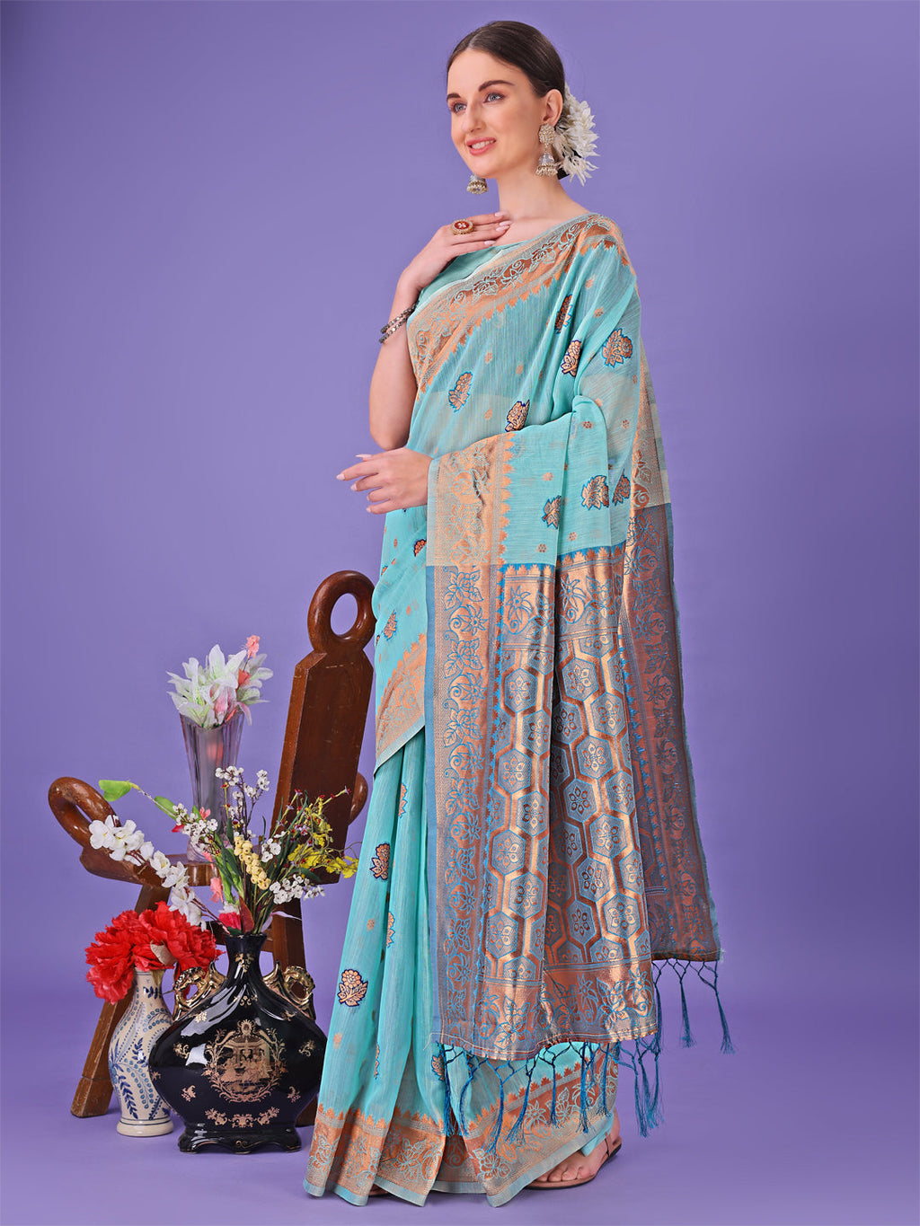 Shree Shyam Fashion Sea Green Woven Zari Traditional Linen Cotton Saree with Rich Pallu & Unstitched Blouse - Festive & Wedding Wear Saree | Grocsy