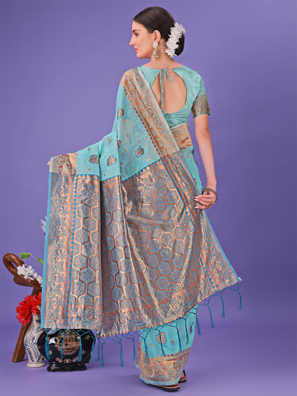 Shree Shyam Fashion Sea Green Woven Zari Traditional Linen Cotton Saree with Rich Pallu & Unstitched Blouse - Festive & Wedding Wear Saree | Grocsy