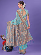 Shree Shyam Fashion Sea Green Woven Zari Traditional Linen Cotton Saree with Rich Pallu & Unstitched Blouse - Festive & Wedding Wear Saree | Grocsy