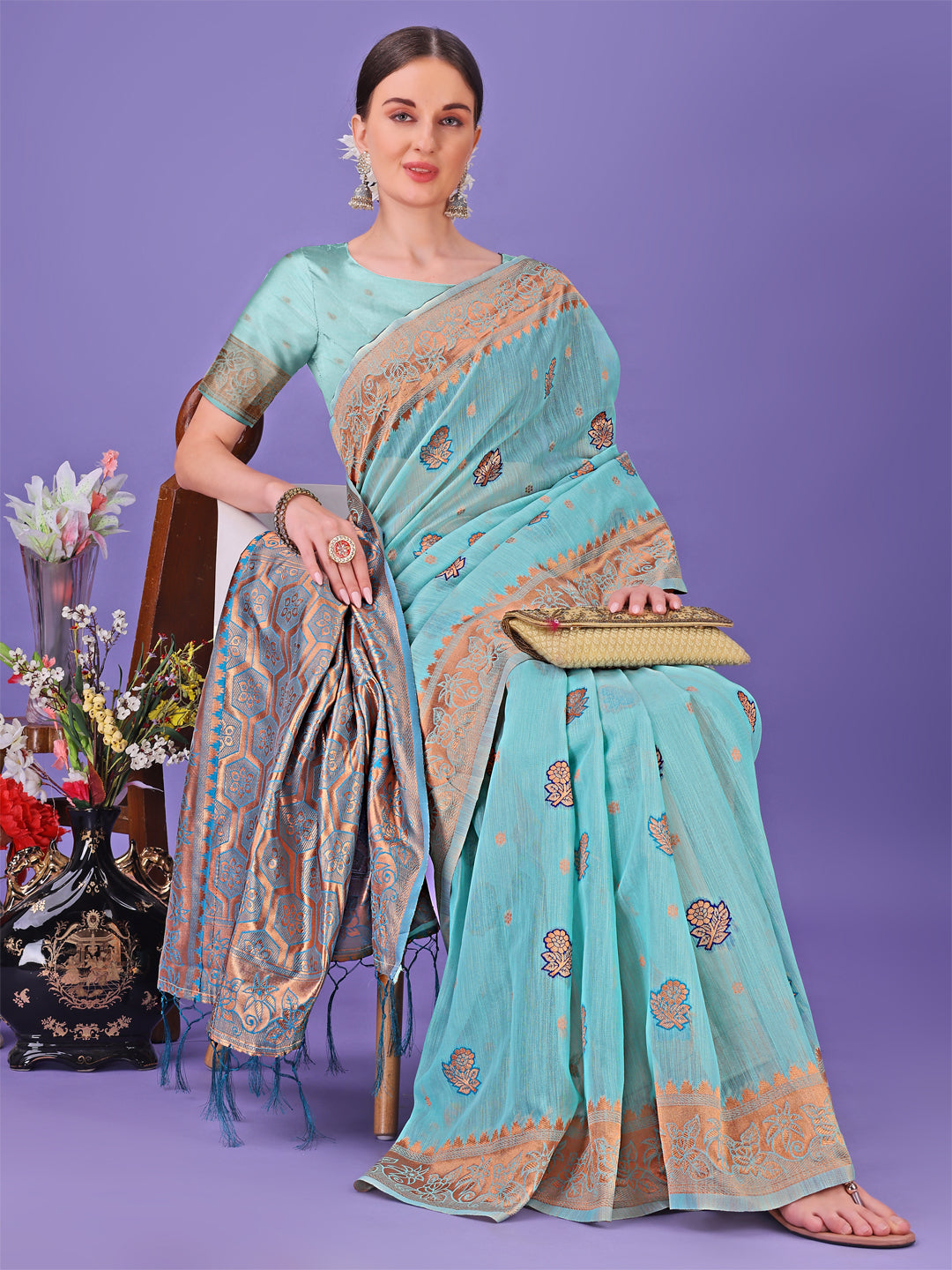 Shree Shyam Fashion Sea Green Woven Zari Traditional Linen Cotton Saree with Rich Pallu & Unstitched Blouse - Festive & Wedding Wear Saree | Grocsy