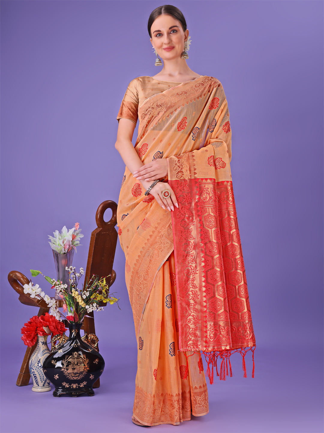 Shree Shyam Fashion Orange Woven Zari Traditional Linen Cotton Saree with Rich Pallu & Unstitched Blouse - Festive & Wedding Wear Saree | Grocsy