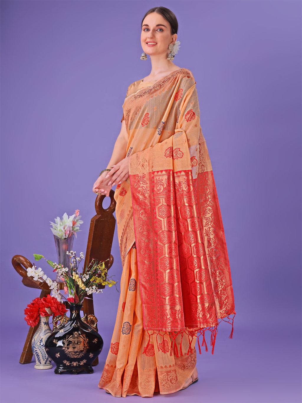 Shree Shyam Fashion Orange Woven Zari Traditional Linen Cotton Saree with Rich Pallu & Unstitched Blouse - Festive & Wedding Wear Saree | Grocsy