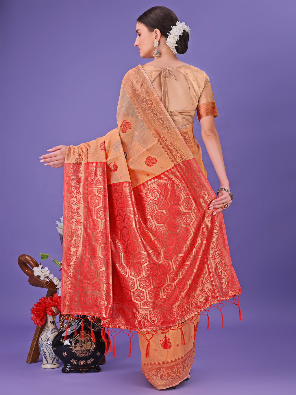 Shree Shyam Fashion Orange Woven Zari Traditional Linen Cotton Saree with Rich Pallu & Unstitched Blouse - Festive & Wedding Wear Saree | Grocsy