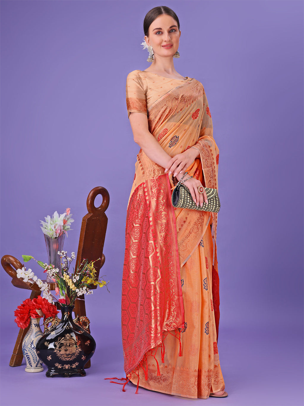 Shree Shyam Fashion Orange Woven Zari Traditional Linen Cotton Saree with Rich Pallu & Unstitched Blouse - Festive & Wedding Wear Saree | Grocsy