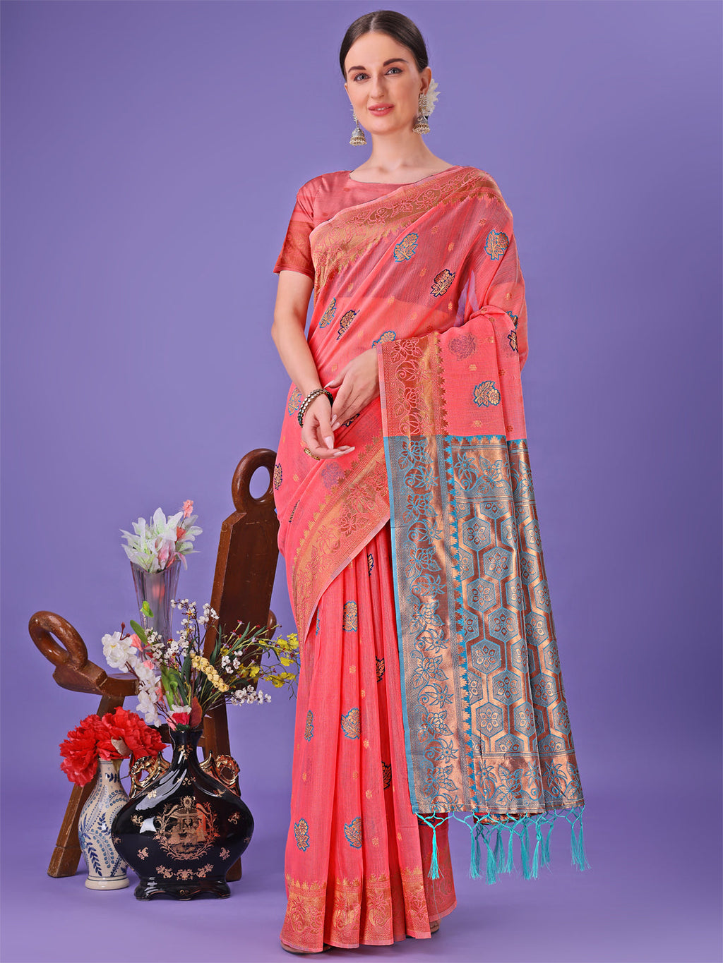 Shree Shyam Fashion Pink Woven Zari Traditional Linen Cotton Saree with Rich Pallu & Unstitched Blouse - Festive & Wedding Wear Saree | Grocsy