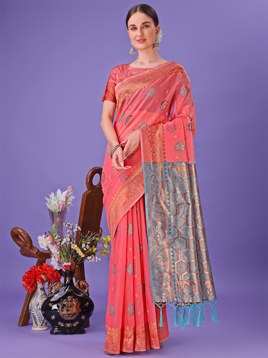 Shree Shyam Fashion Pink Woven Zari Traditional Linen Cotton Saree with Rich Pallu & Unstitched Blouse - Festive & Wedding Wear Saree | Grocsy