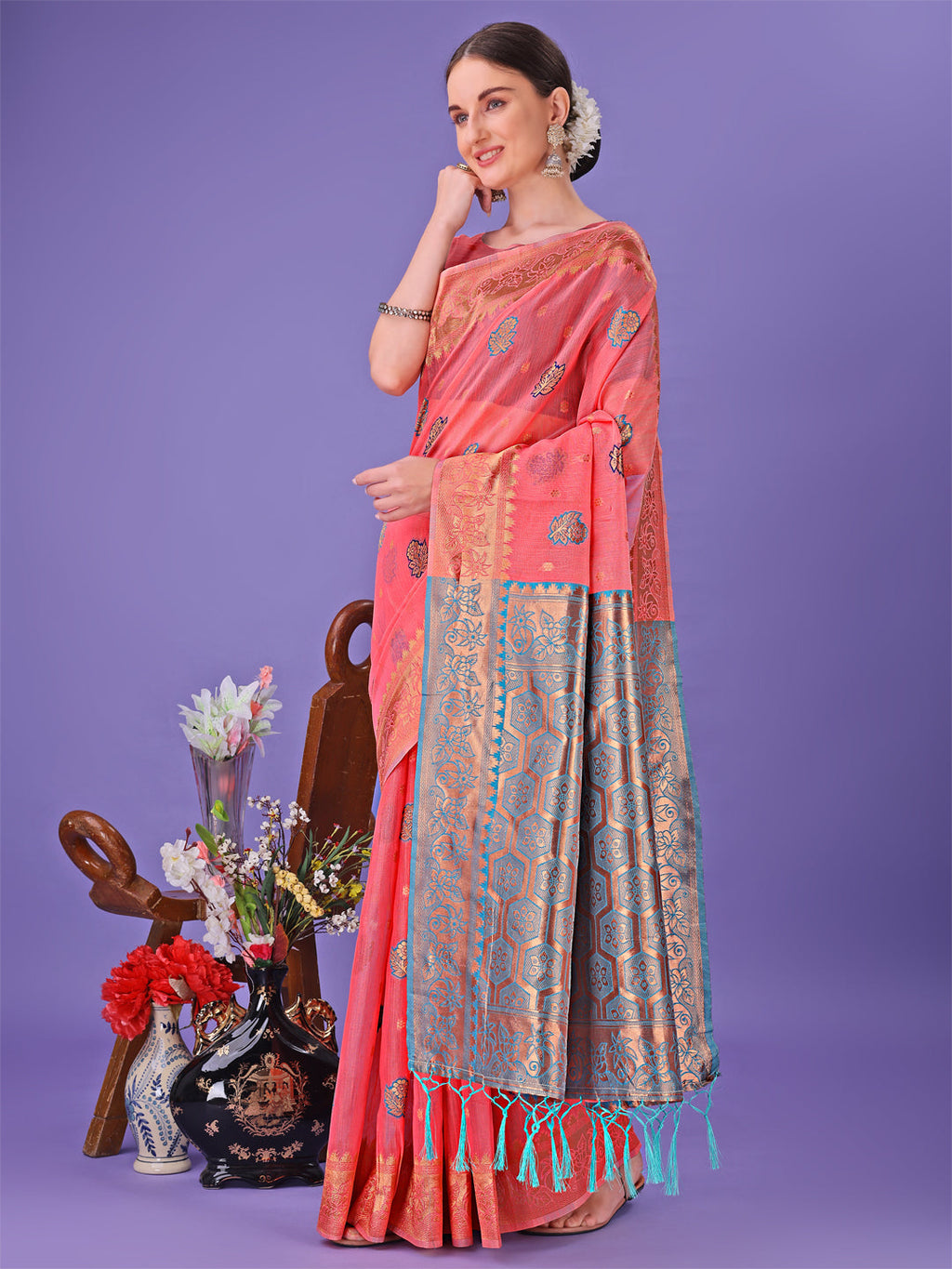 Shree Shyam Fashion Pink Woven Zari Traditional Linen Cotton Saree with Rich Pallu & Unstitched Blouse - Festive & Wedding Wear Saree | Grocsy