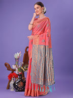 Shree Shyam Fashion Pink Woven Zari Traditional Linen Cotton Saree with Rich Pallu & Unstitched Blouse - Festive & Wedding Wear Saree | Grocsy