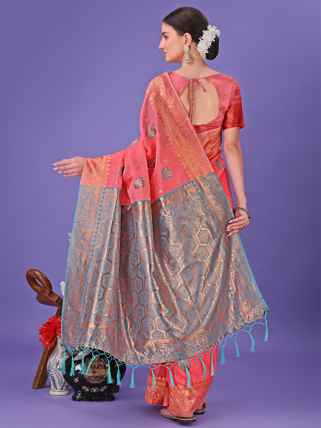 Shree Shyam Fashion Pink Woven Zari Traditional Linen Cotton Saree with Rich Pallu & Unstitched Blouse - Festive & Wedding Wear Saree | Grocsy