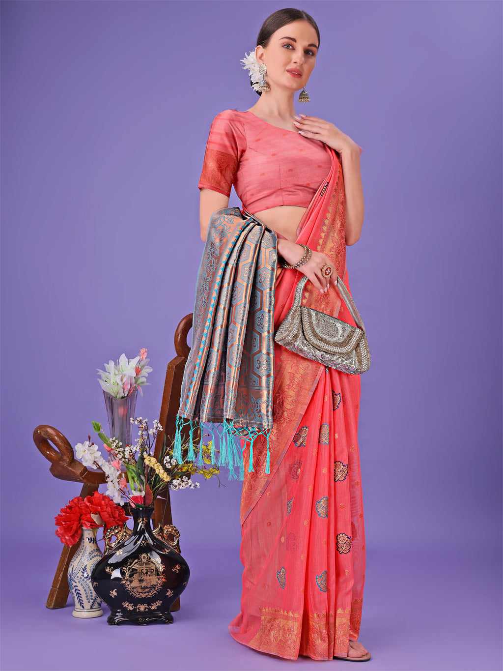 Shree Shyam Fashion Pink Woven Zari Traditional Linen Cotton Saree with Rich Pallu & Unstitched Blouse - Festive & Wedding Wear Saree | Grocsy