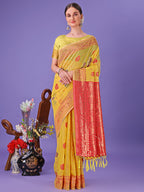 Shree Shyam Fashion Yellow Woven Zari Traditional Linen Cotton Saree with Rich Pallu & Unstitched Blouse - Festive & Wedding Wear Saree | Grocsy