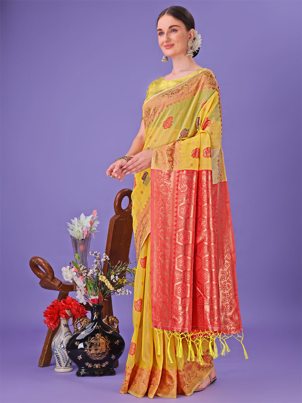 Shree Shyam Fashion Yellow Woven Zari Traditional Linen Cotton Saree with Rich Pallu & Unstitched Blouse - Festive & Wedding Wear Saree | Grocsy