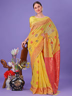 Shree Shyam Fashion Yellow Woven Zari Traditional Linen Cotton Saree with Rich Pallu & Unstitched Blouse - Festive & Wedding Wear Saree | Grocsy