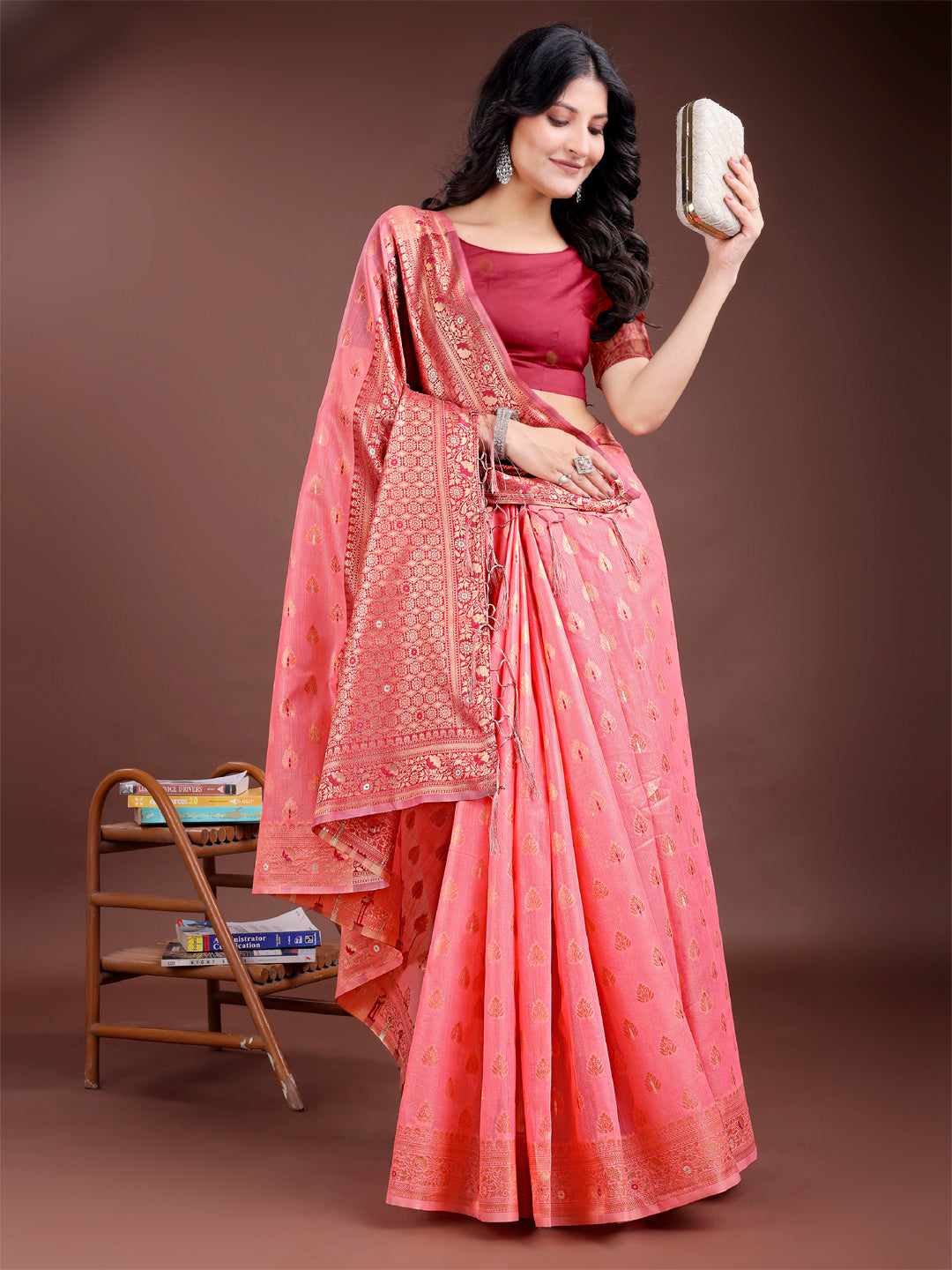 Shree Shyam Fashion Elegant Peach Cotton Saree with Contrast Pallu - Perfect Blend of Tradition & Comfort | Grocsy