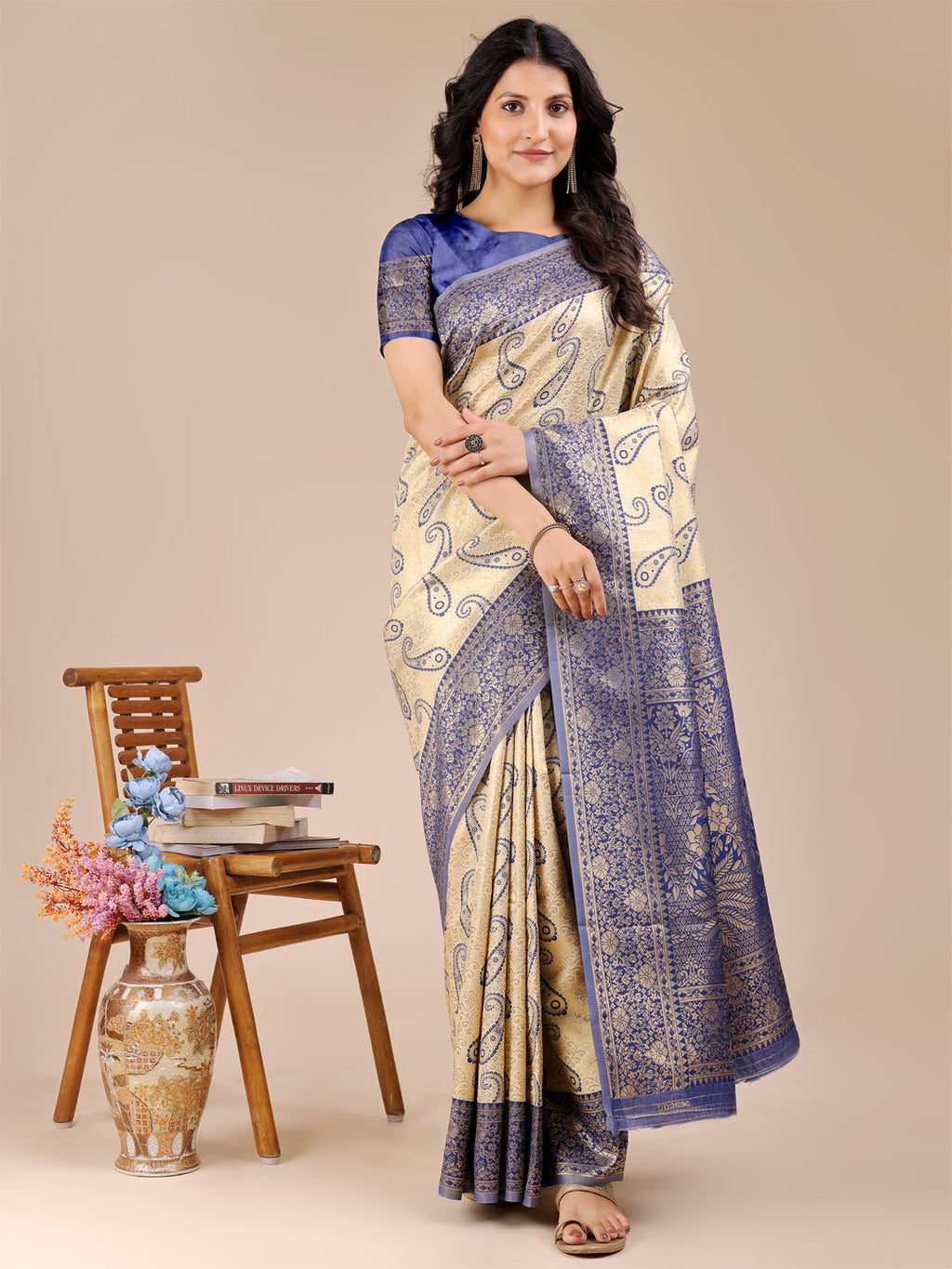 Shree Shyam Fashion Cream & Navy Blue Banarasi silk Woven Zari Work Traditional Tassel Saree | Grocsy